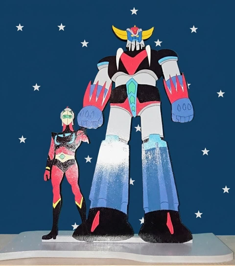 Grande figurine Goldorak et Actarus fait main en bois 57 cm Objet collection Rare