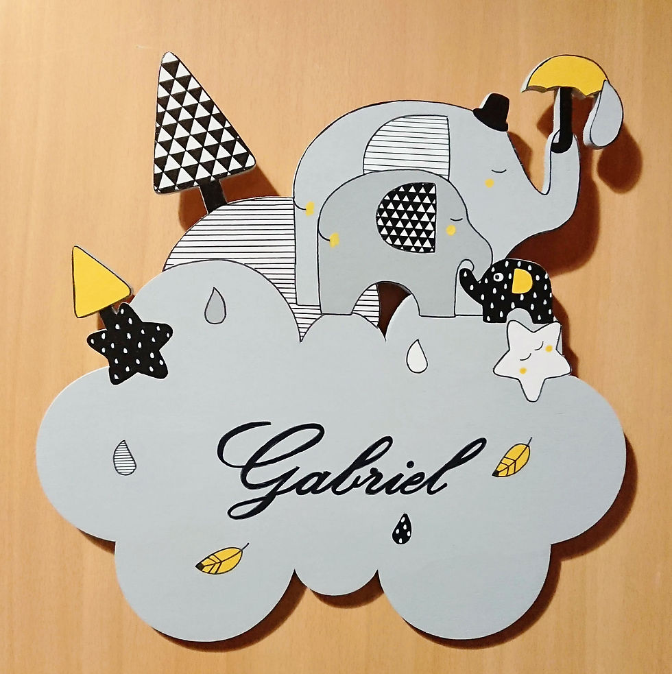 Plaque de porte de chambre prénom Gabriel forme nuage couleur grise avec la famille Babyfan