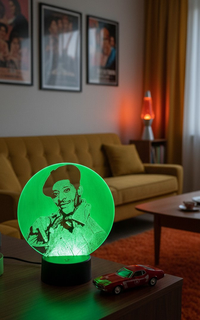 Miniature : Lampe LED Huggy-les-bons-tuyaux, portrait rond, allumée en vert dans un salon rétro années70. Objet collector série culte.