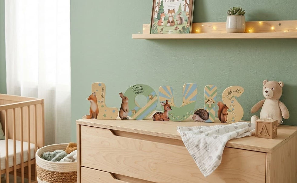 Lettres à poser prénom Louis posées sur un meuble dans sa chambre