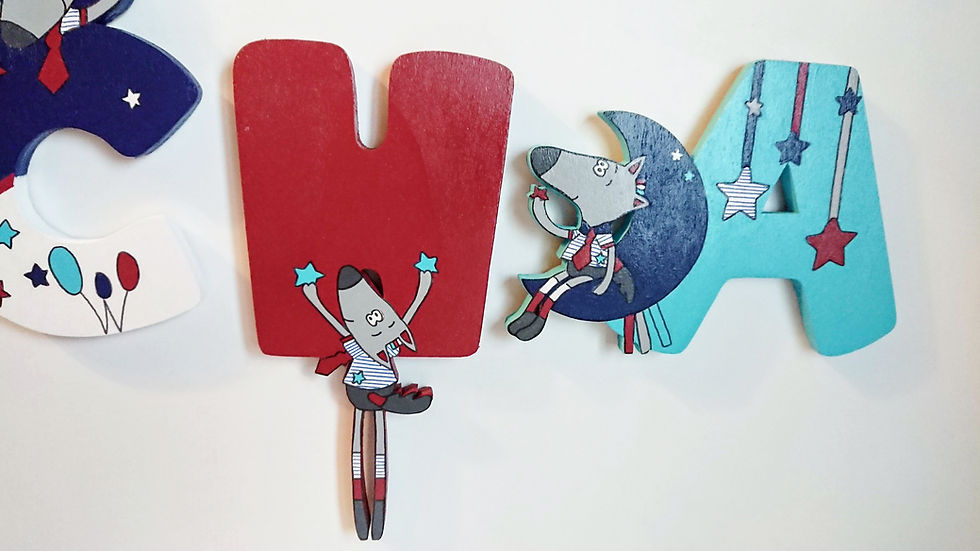 Miniature : lettres en bois pour prénom bébé décorées avec mister bouh