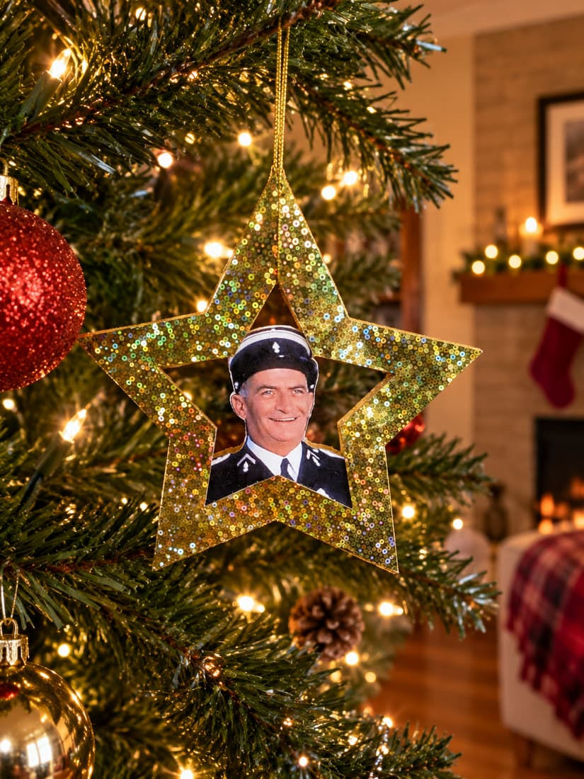 Étoile de Noël dorée en bois découpé représentant Louis de Funès en gendarme, suspension artisanale en vernis colle