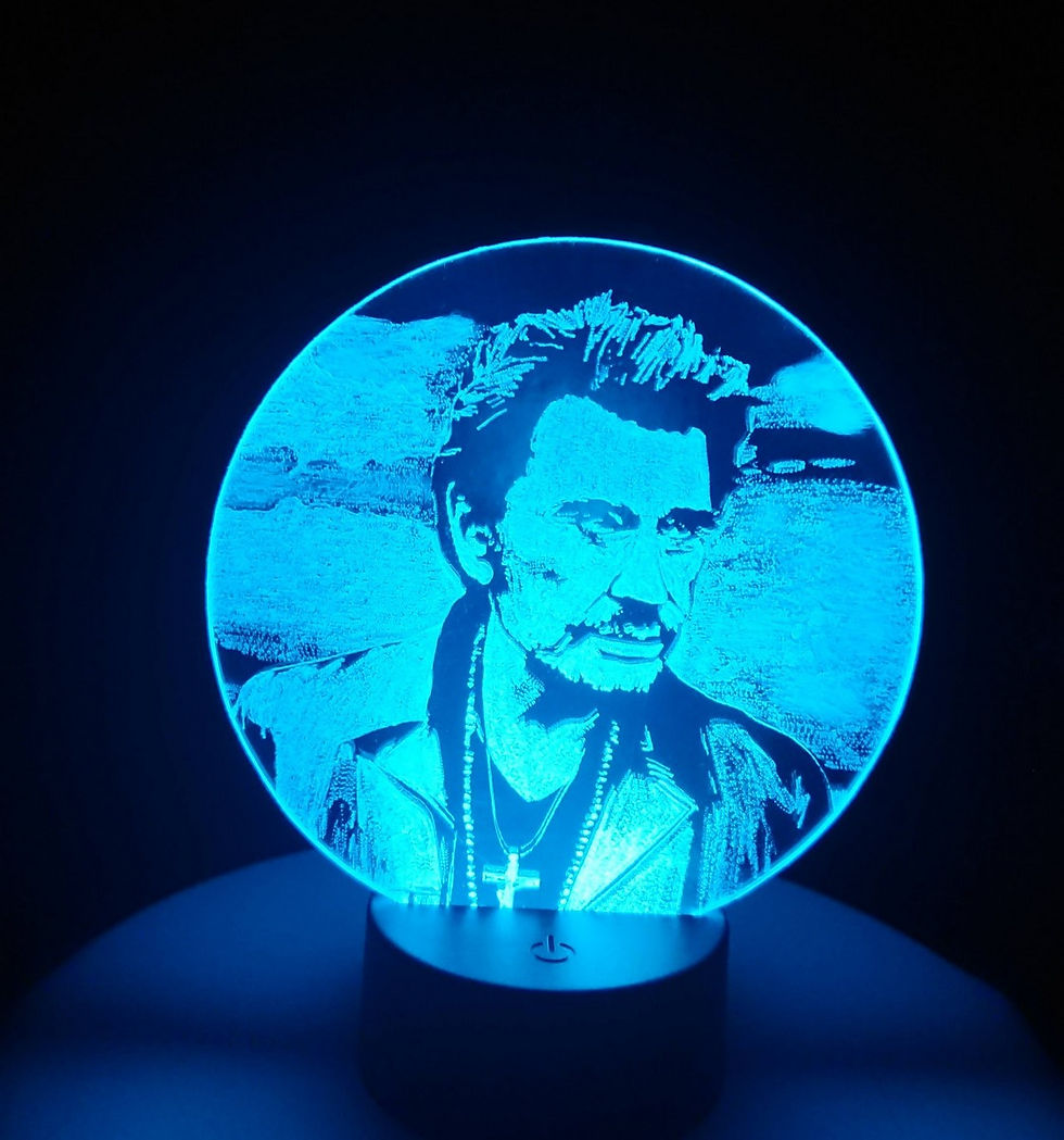 Miniature : Lampe LED tactile à l'image de Johnny Hallyday de couleur bleu clair