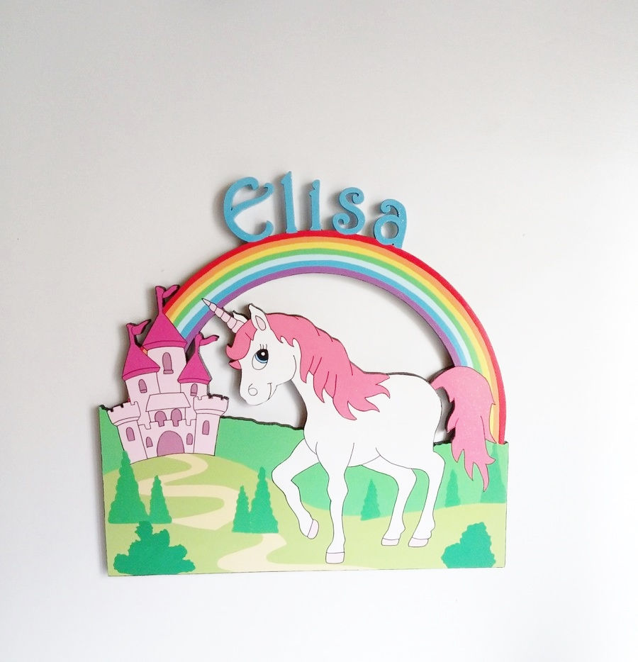 Miniature : plaque de porte de chambre licorne et arc en ciel prénom personnalisé en bois