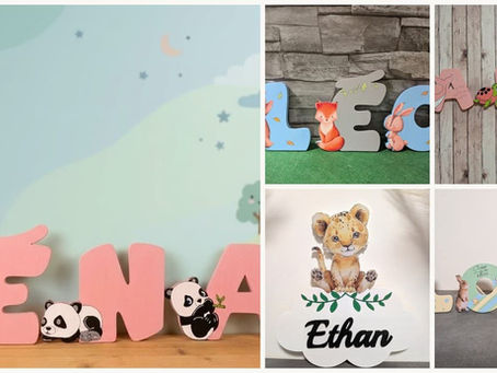 Décorations en bois personnalisées pour chambre bébé et enfant, thèmes savane, jungle, forêt et univers marin, lettres prénom faites main par Les créations en bois de Maryline