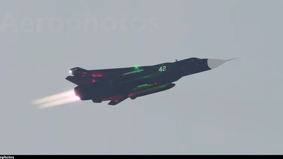 Soviet Air Force Sukhoi Su-24MR Fencer E in flight over Novoaralsk AFB