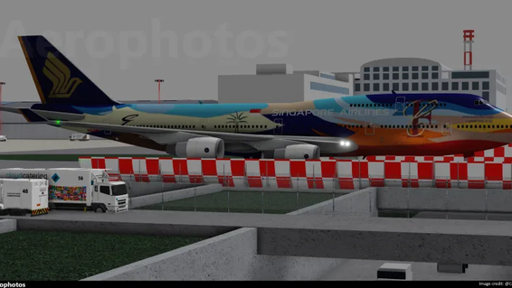 Singapore B747-400 9V-SPK " Tropical Megatop" livery crosses over the Highway at Umibutsu intl