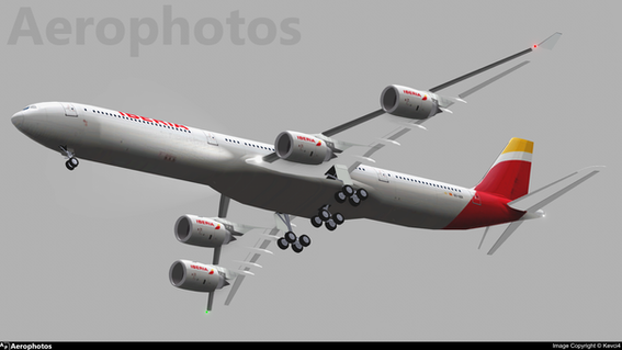 An Iberia Airbus A340-642 registered EC-IZX arriving into Al Tak during a foggy afternoon.