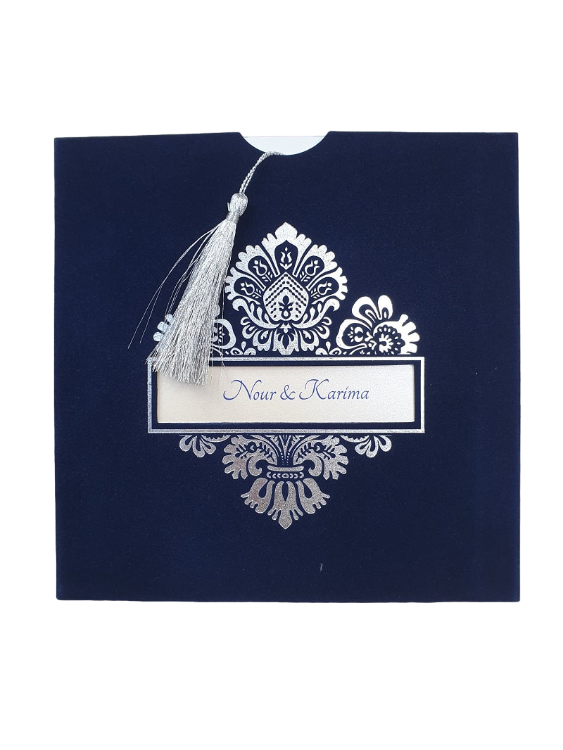 Miniature : Faire part mariage oriental velours bleu avec un pompon