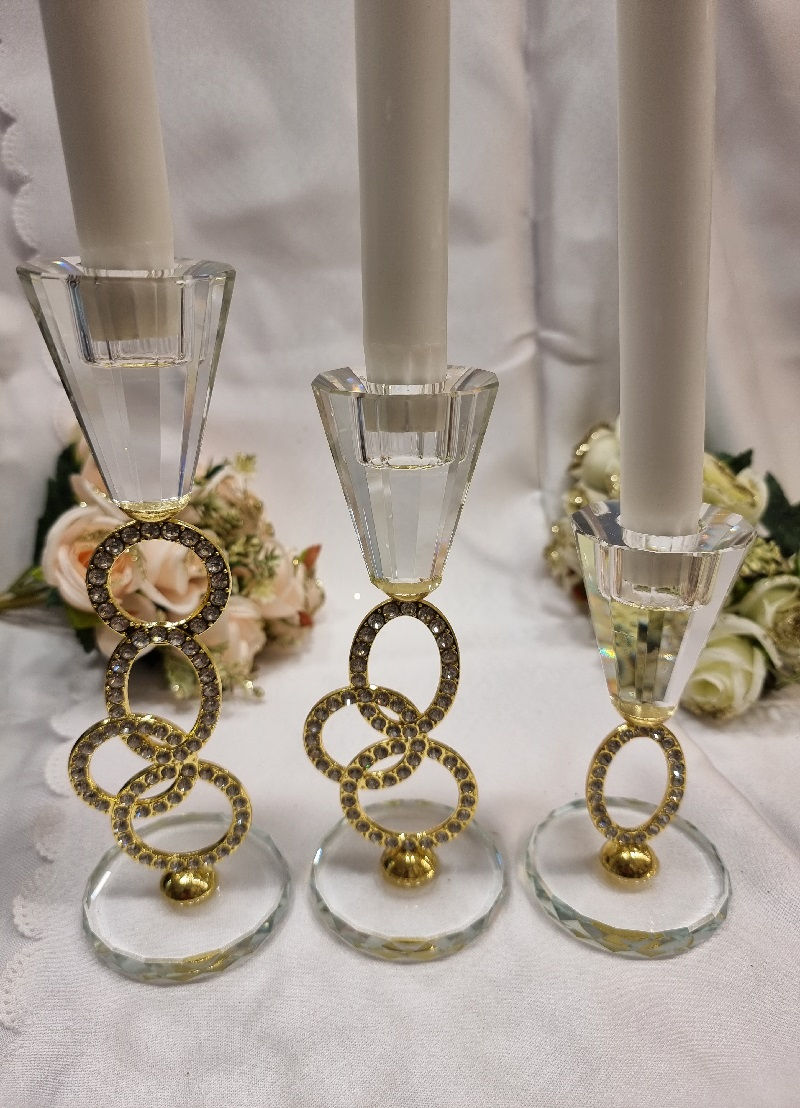 Miniature : Bougeoirs en Cristal et Fer Doré 3 Pièces, avec Tige Cloutée à Anneaux et Strass