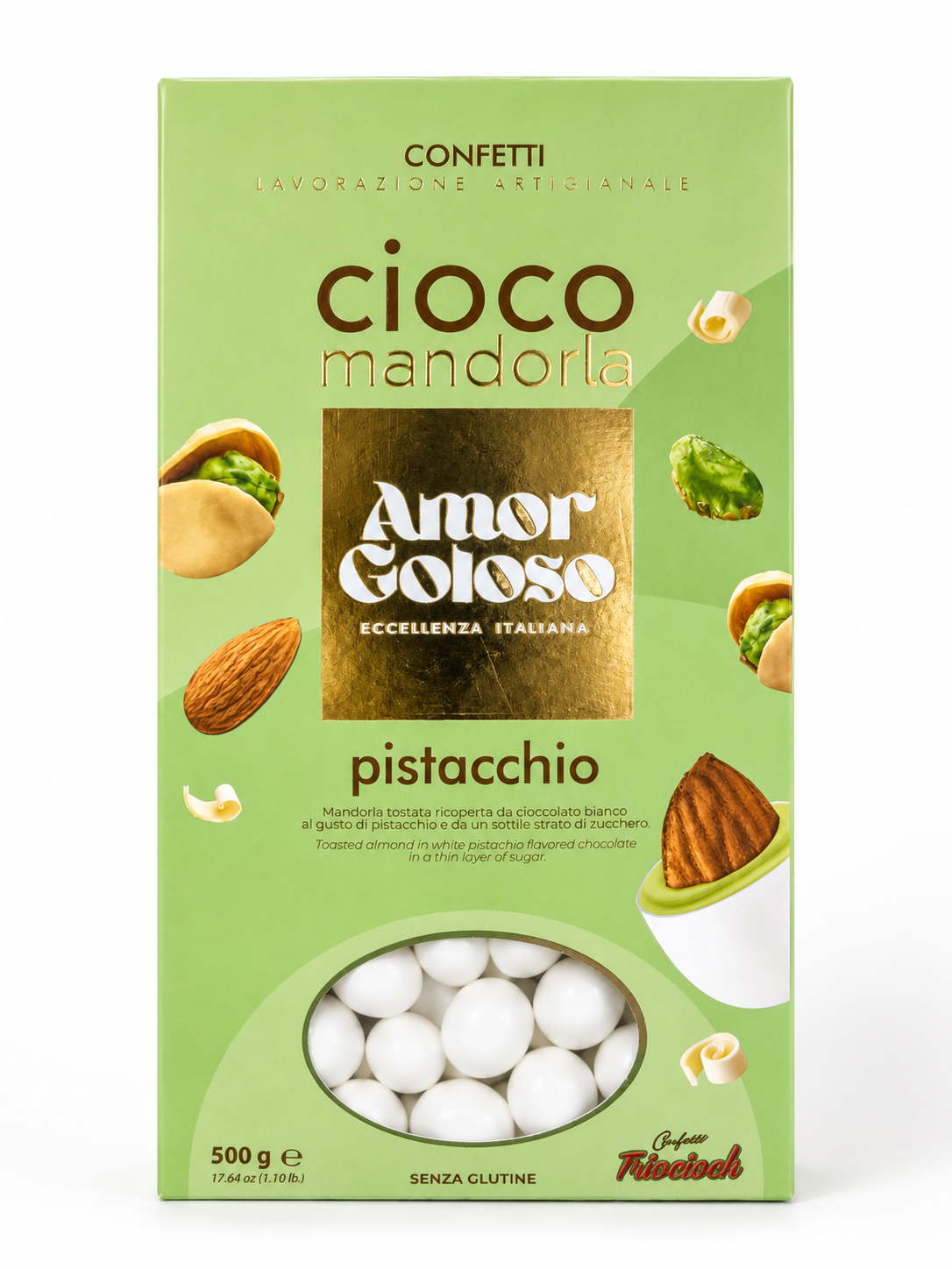 Amandes enrobées de chocolat blanc saveur pistache – 500 g