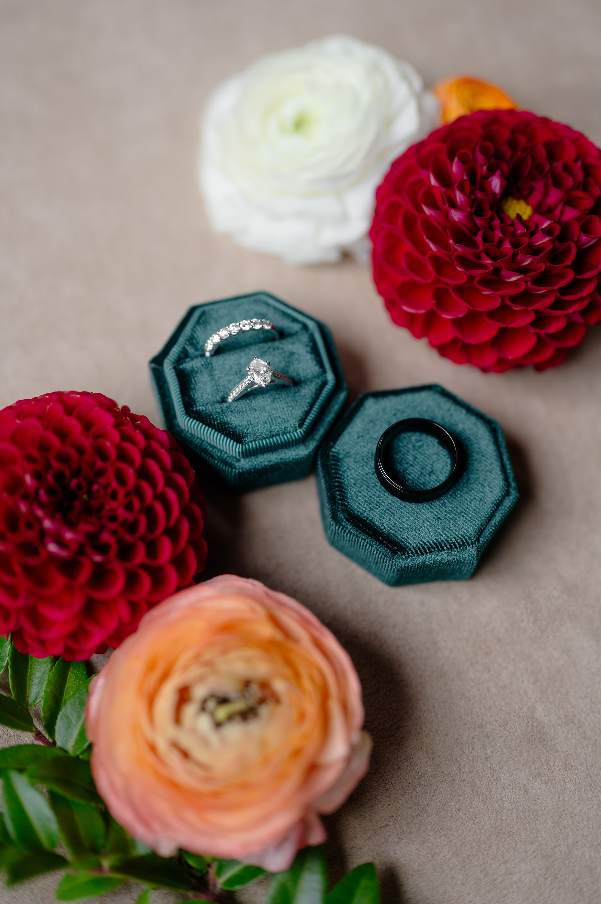 wedding detail flat lay of rings 