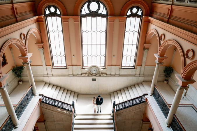 photo from above of grand staircase at worcester city hall