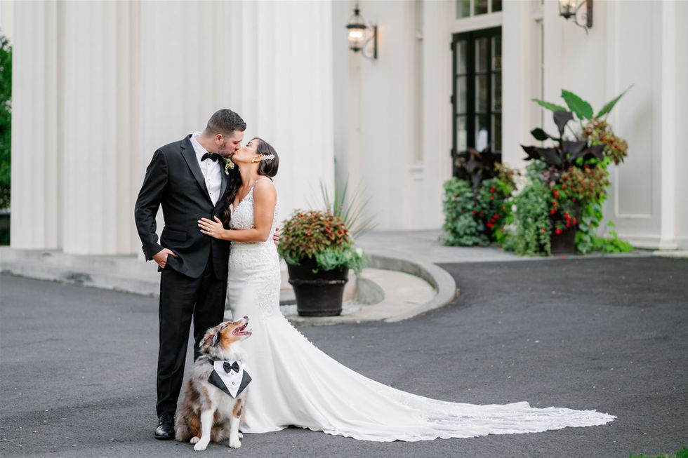 wedding portrait with dog in front of Wadsworth Mansion