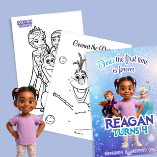 Custom winter princess themed birthday coloring book with snowflake design and personalized child character on cover.