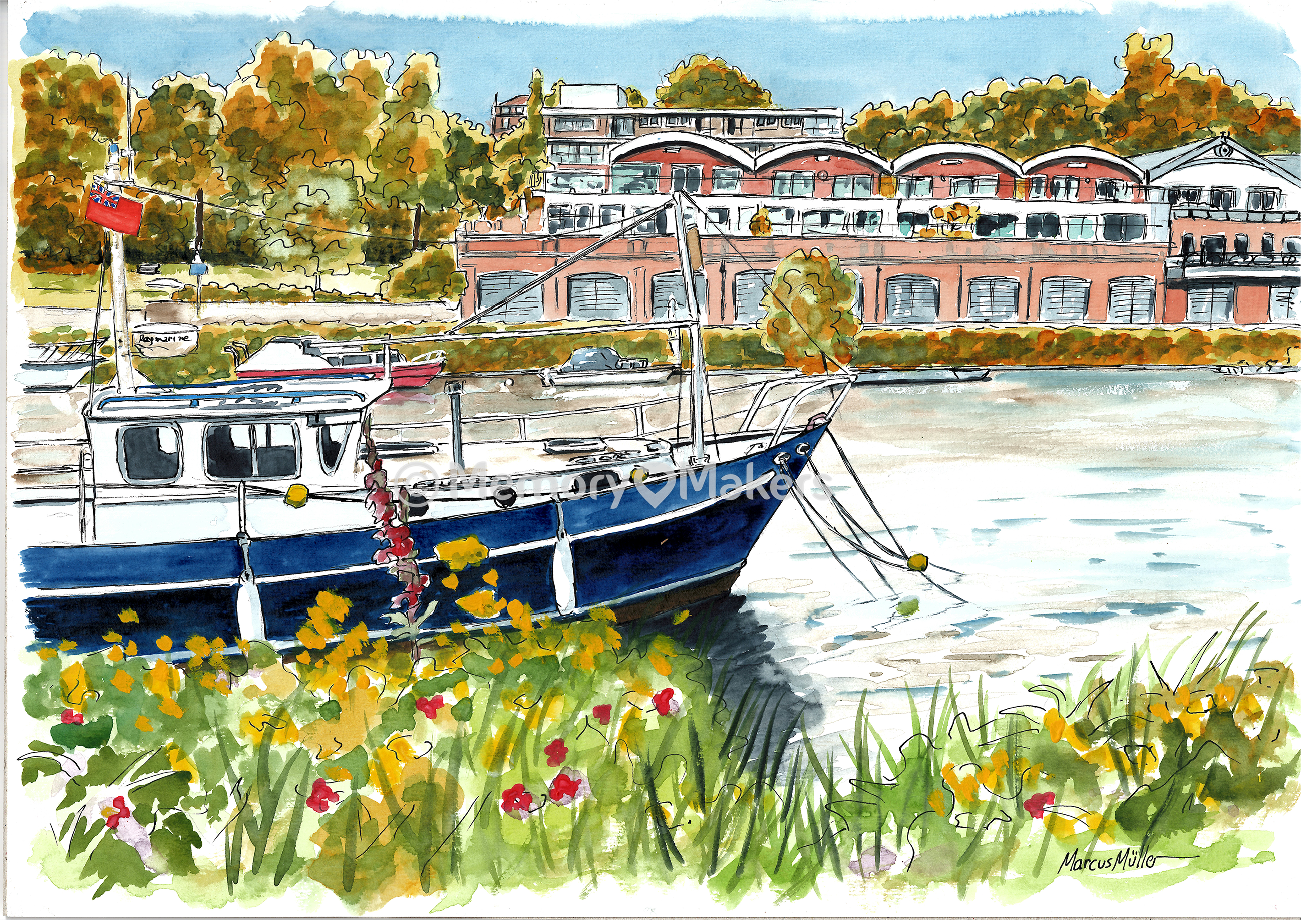 Richmond Canoe Club, watercolour & ink painting