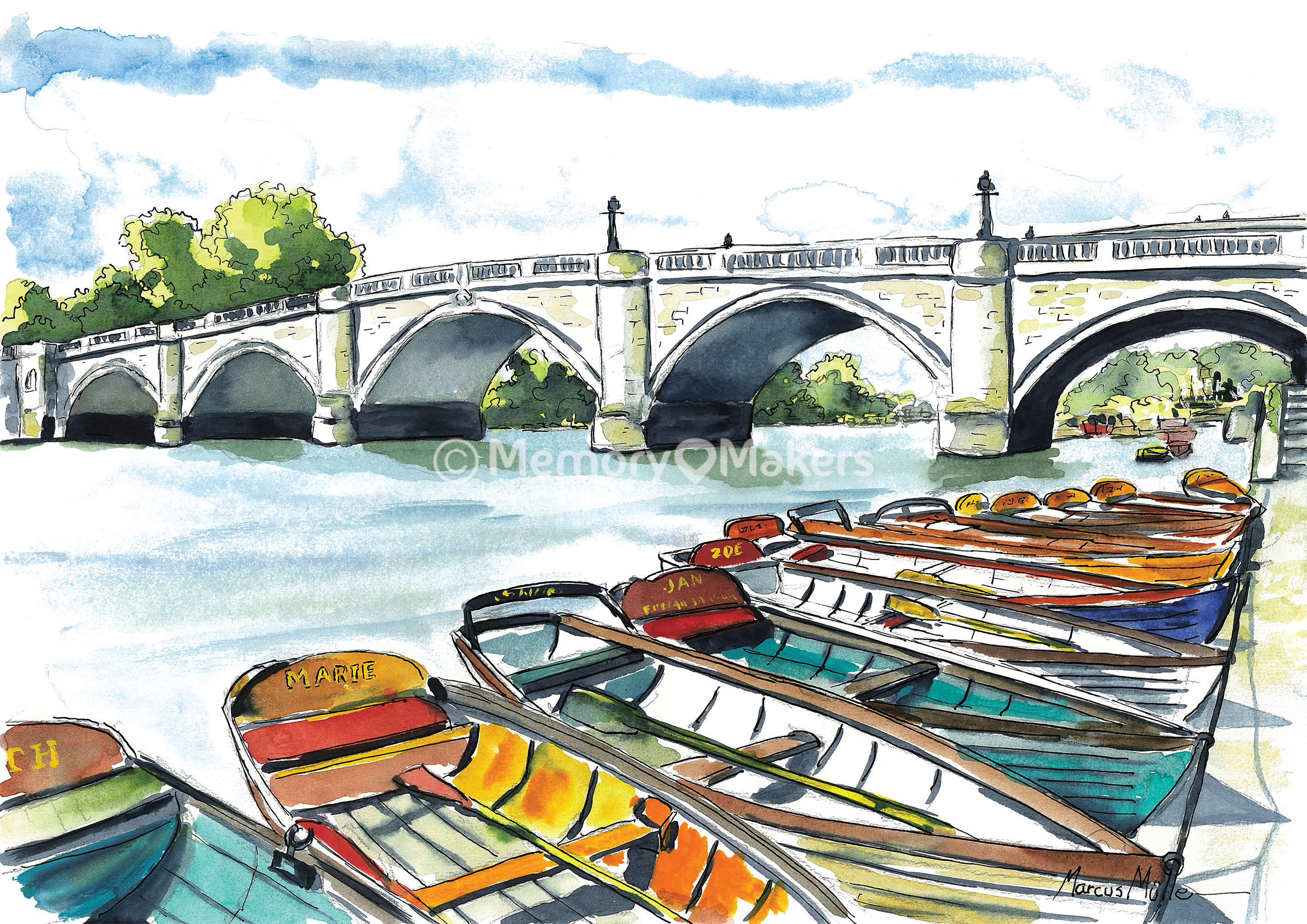 Richmond Bridge & Boats, watercolour & ink painting