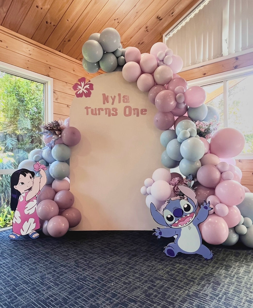 Thumbnail: Lilo and Stitch Themed Birthday Party Balloons and Backdrop