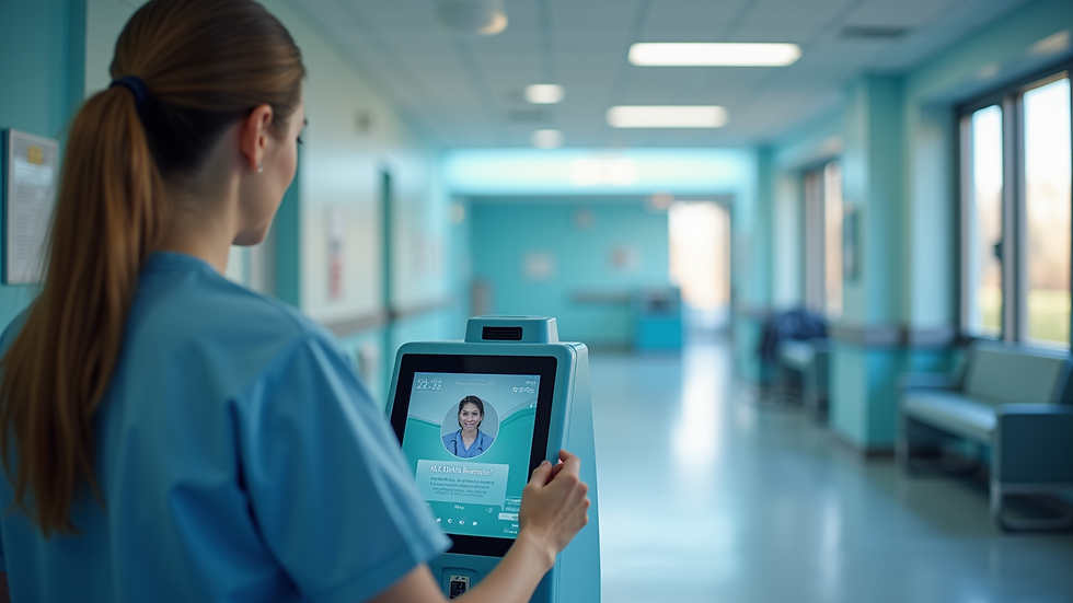Eye-level view of a digital check-in kiosk in a healthcare setting