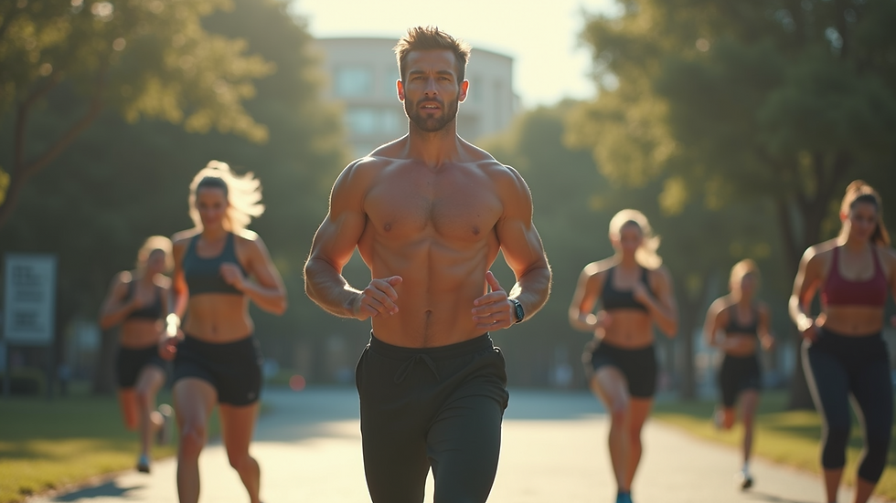 Wide angle view of a fitness trainer leading an outdoor workout session