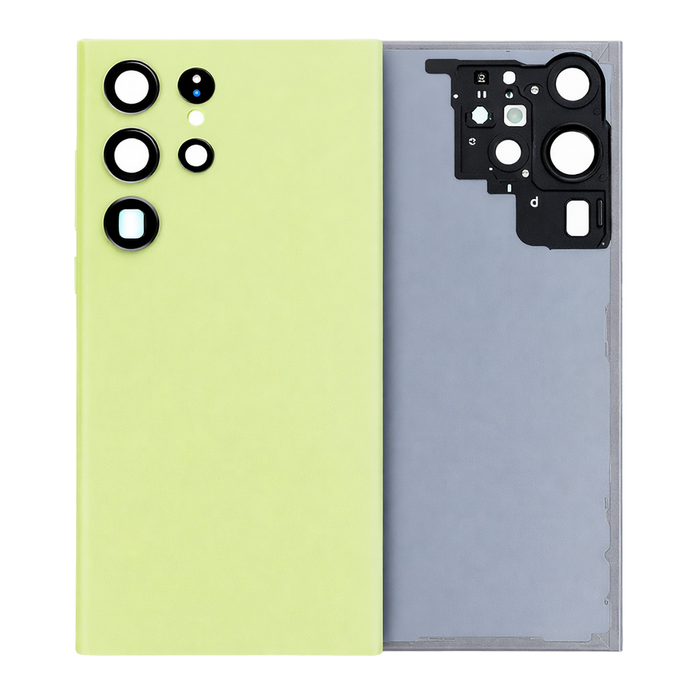 Samsung Galaxy S23 Ultra genuine rear glass battery cover in Lime shown on transparent background