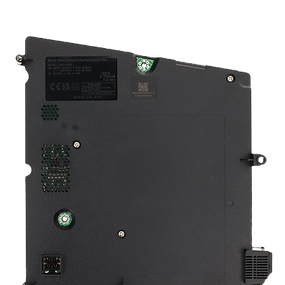 Rear power connector area of a PS5 with subtle lighting, showing the power inlet.