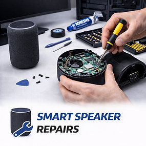 Technician repairing a cylindrical smart speaker with precision tools on a blue anti-static mat, surrounded by screwdrivers and tweezers in a clean professional workspace – I Repair Orkney, Kirkwall UK
