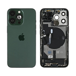 iPhone 13 Pro Alpine Green rear glass housing and internal frame shown side by side on a transparent background