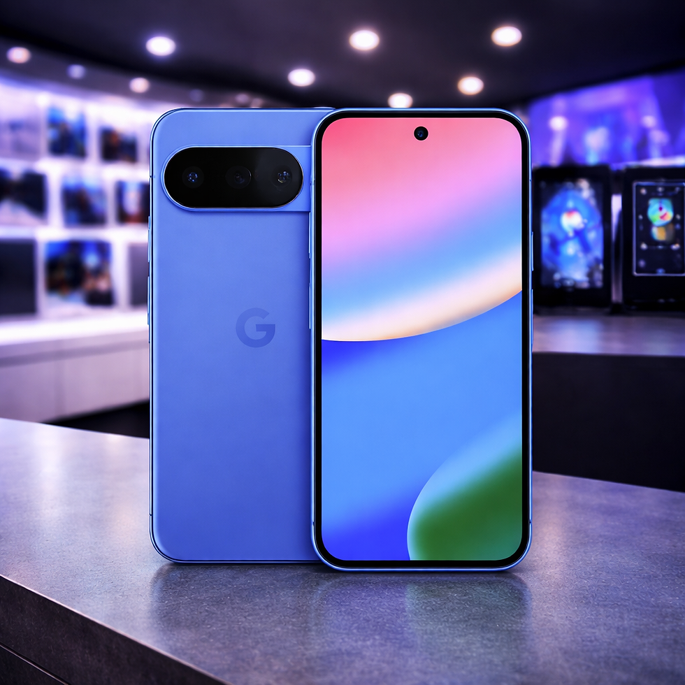 Google Pixel smartphones displayed on retail store counter