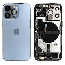 iPhone 13 Pro Sierra Blue rear glass housing and internal frame shown side by side on a transparent background