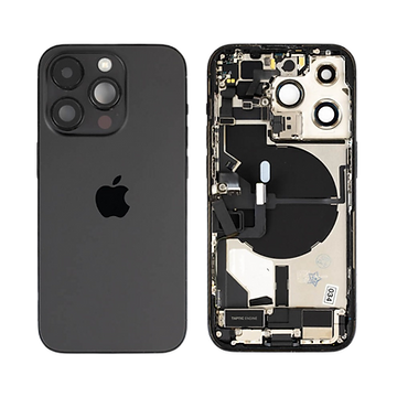 iPhone 14 Pro Space Black rear glass replacement part photographed on a white background