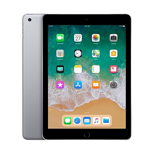 Apple iPad 6th Generation (2018) in Space Gray with 9.7-inch Retina display, Touch ID home button, and aluminum unibody design, displayed on a dark shimmer background with soft lighting – I Repair Orkney, Kirkwall UK