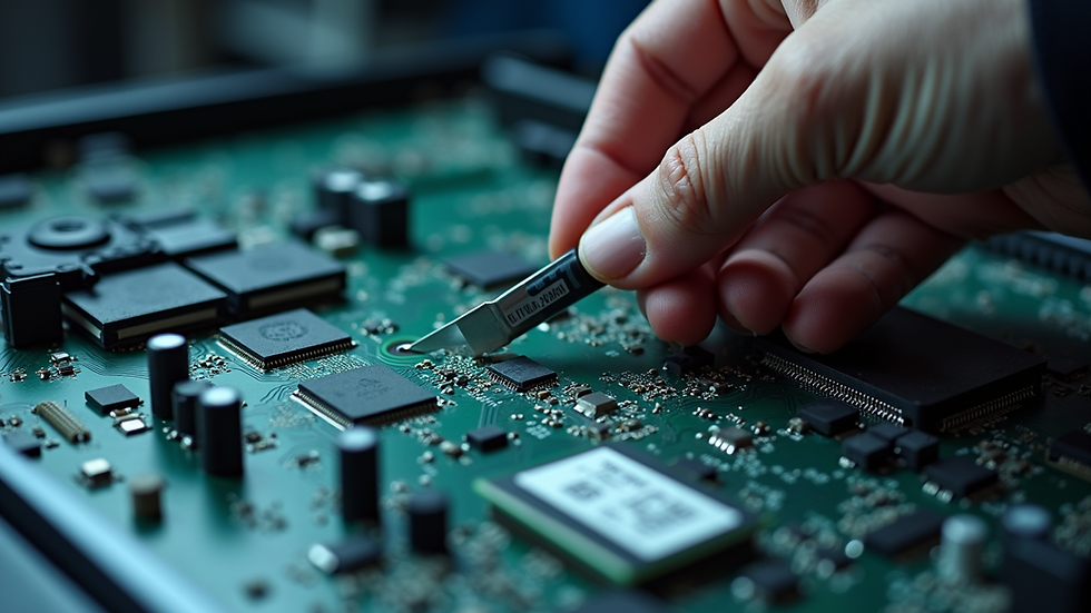 Close-up view of a technician repairing a laptop motherboard
