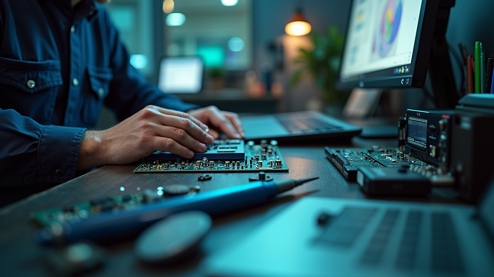 Eye-level view of a computer repair shop with various tools