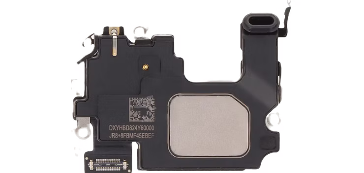 iPhone 16 ear speaker module showing earpiece chamber, flex connector and contact points for professional call audio repair