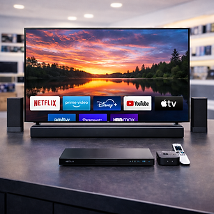 Refurbished smart TV with sound system and smart speaker in a home setup
