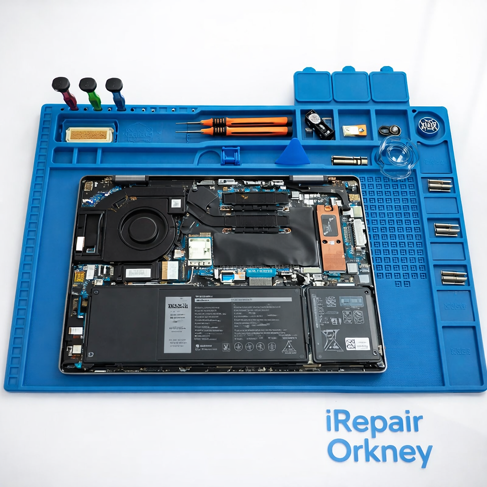 Technician repairing a laptop on a blue anti-static mat with precision tools neatly arranged, focusing on the motherboard inside a modern workshop β I Repair Orkney, Kirkwall UK