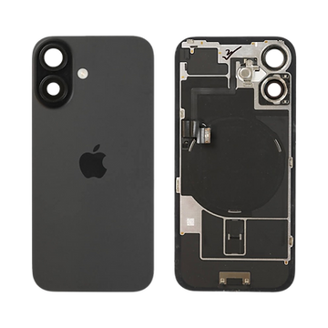 iPhone 16 genuine black rear glass service-pack showing installed panel and internal housing with NFC flex and wireless charging coil