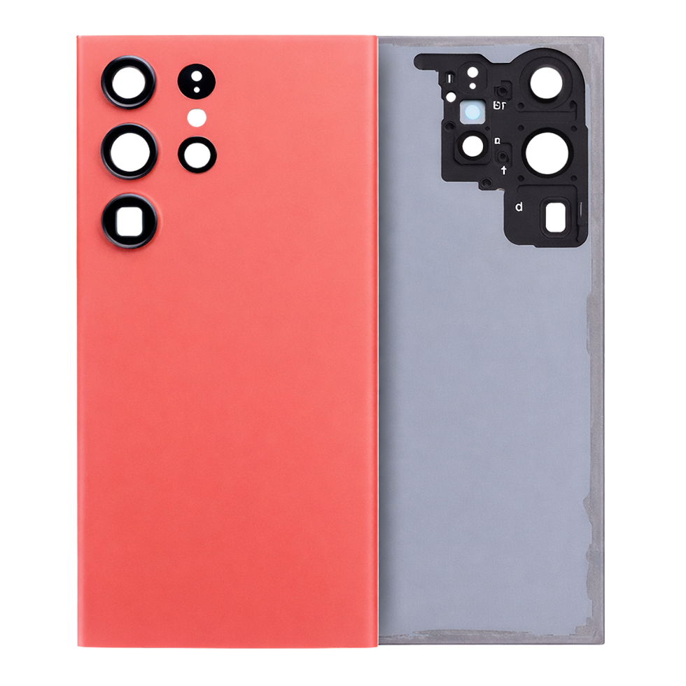 Samsung Galaxy S23 Ultra genuine rear glass battery cover in Red shown on transparent background