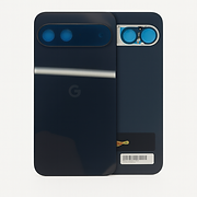 Google Pixel 9 back glass in Obsidian on white studio background.