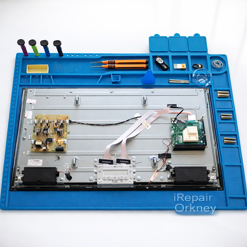 Technician repairing a large flat-screen smart TV on a blue anti-static mat, using a screwdriver to inspect the internal circuit board and electronic components β I Repair Orkney, Kirkwall UK
