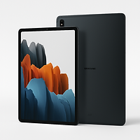 Samsung Galaxy Tab S7+ (2020) in Mystic Bronze, displayed front and back on a white-to-grey shimmer background with soft balanced lighting and a natural shadow — Samsung studio-style 4K photograph with no text or logos