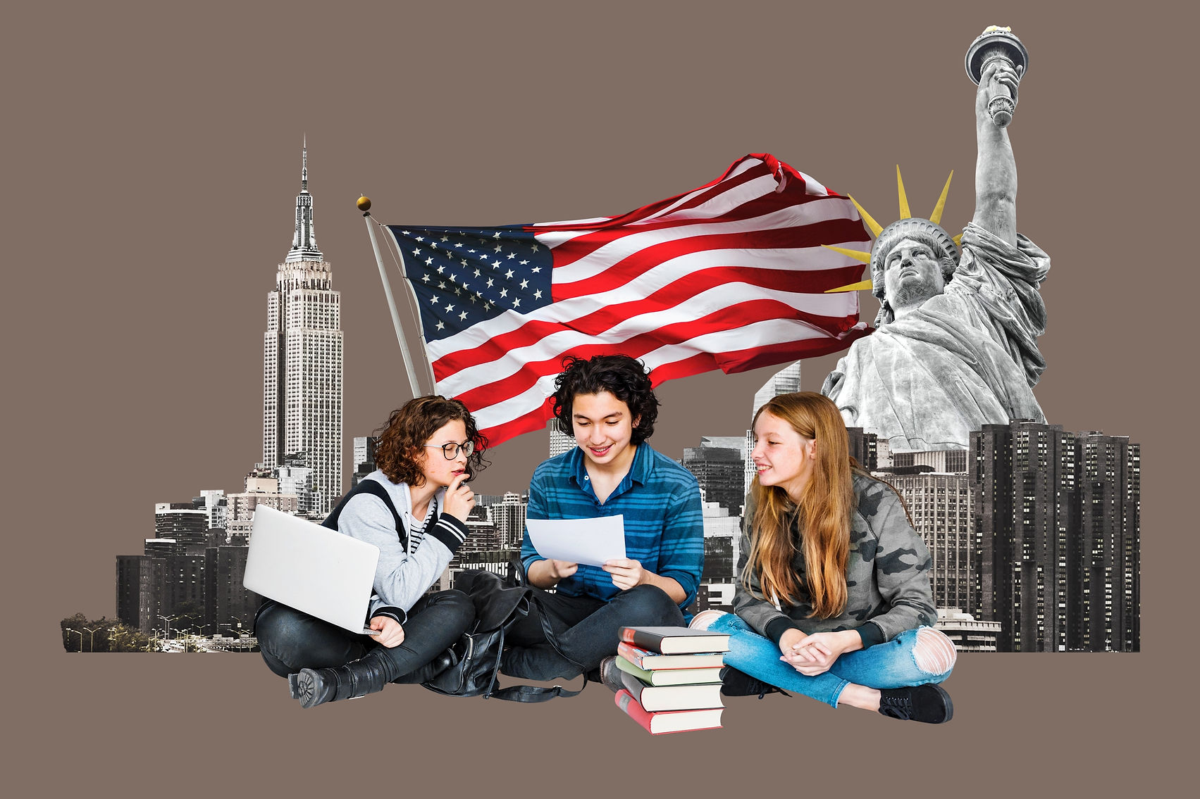 Young adults, diverse students studying with books and laptops. American flag, Statue of L
