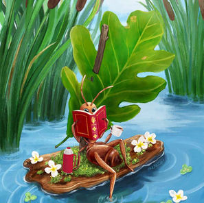 An ant sits in a small bark boat among tall reeds, deep in a story, unaware that its drink is about to spill.