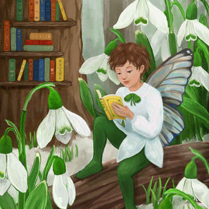 A snowdrop fairy with butterfly wings sits on a log, reading a book among blooming snowdrops and patches of melting snow.