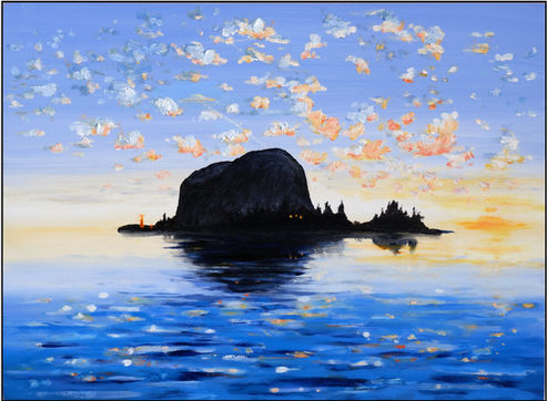 Dark island in a glowing sunset sea with visitors from outer space.