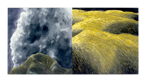 Two part image of prairie hills with dark stormy sky.