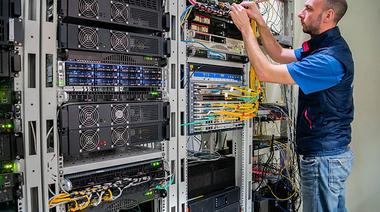 A man commutes wires in a server room A technician works with server equipment in a data c