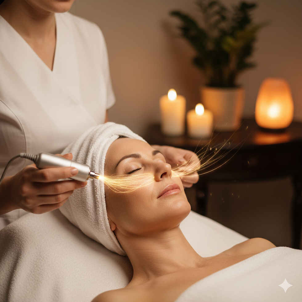 A person receives a relaxing facial treatment with a device emitting light. Candles and plants create a serene spa atmosphere.