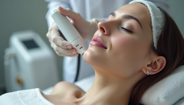 Close-up view of radio frequency therapy device in use on facial skin